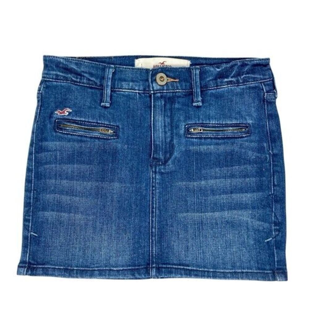 Hollister Vtg Low Rise Denim Mini Skirt Womens 25 Blue Zip Pockets Stretch Y2K